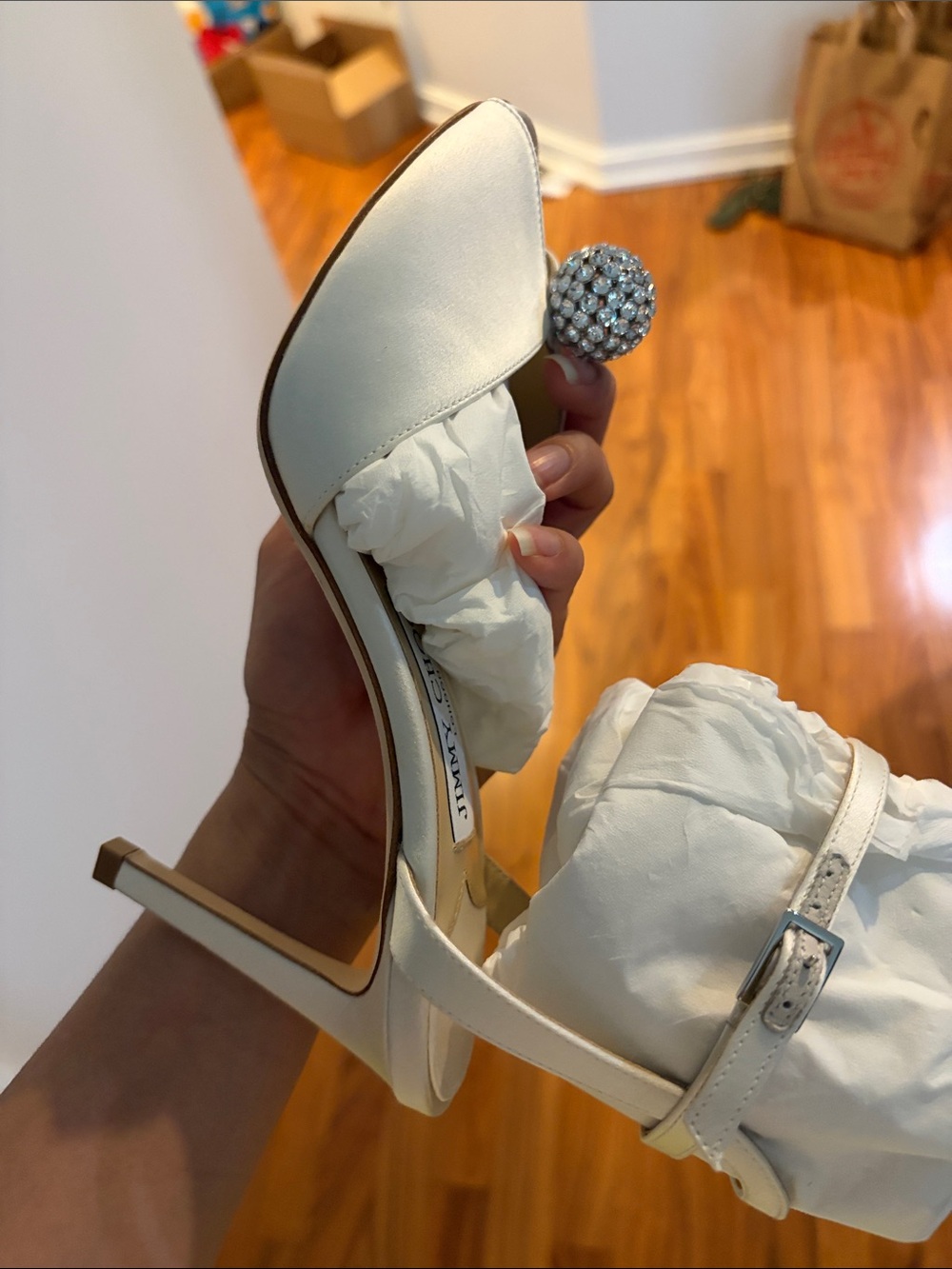 Jimmy Choo Ivory Satin Stiletto Sandals with Crystal Ball Accent - Picture 6 of 8